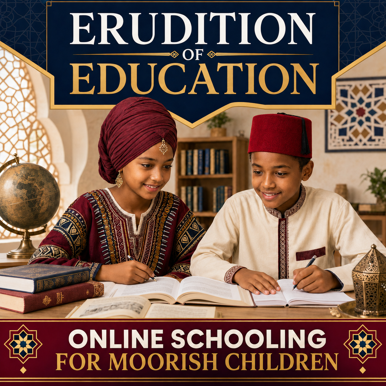 Moorish students studying together beneath the words Erudition of Education